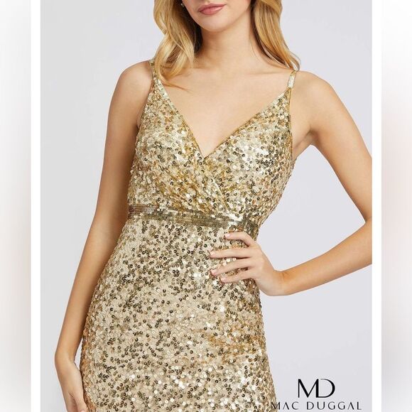 Mac Duggal 5055 Glittering Gold Evening Dress sequin train gown maxi mermaid 8 - Picture 3 of 11